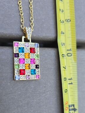 Gold Multicolor Crystal Grid Pendant Necklace - Women Jewelry
